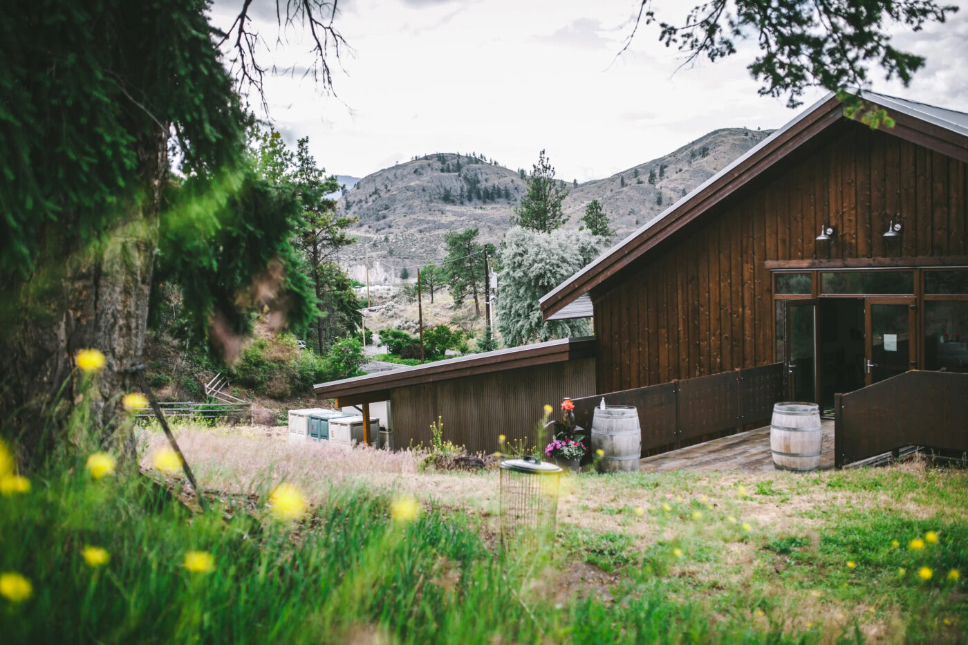 Scenic view of Echo Bay Vineyard with rustic winery building, surrounded by lush greenery and rolling hills in the background.